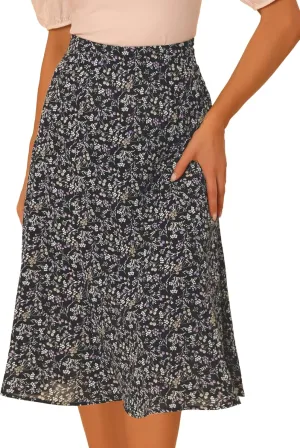 Allegra K Women's Floral Midi Skirt Peasant Elastic Waist A-Line Ditsy Leave Print Skirts