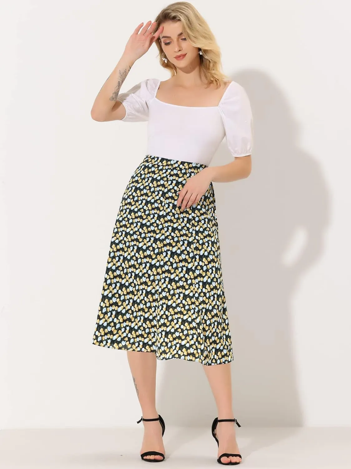 Allegra K Women's Floral Midi Skirt Peasant Elastic Waist A-Line Ditsy Leave Print Skirts