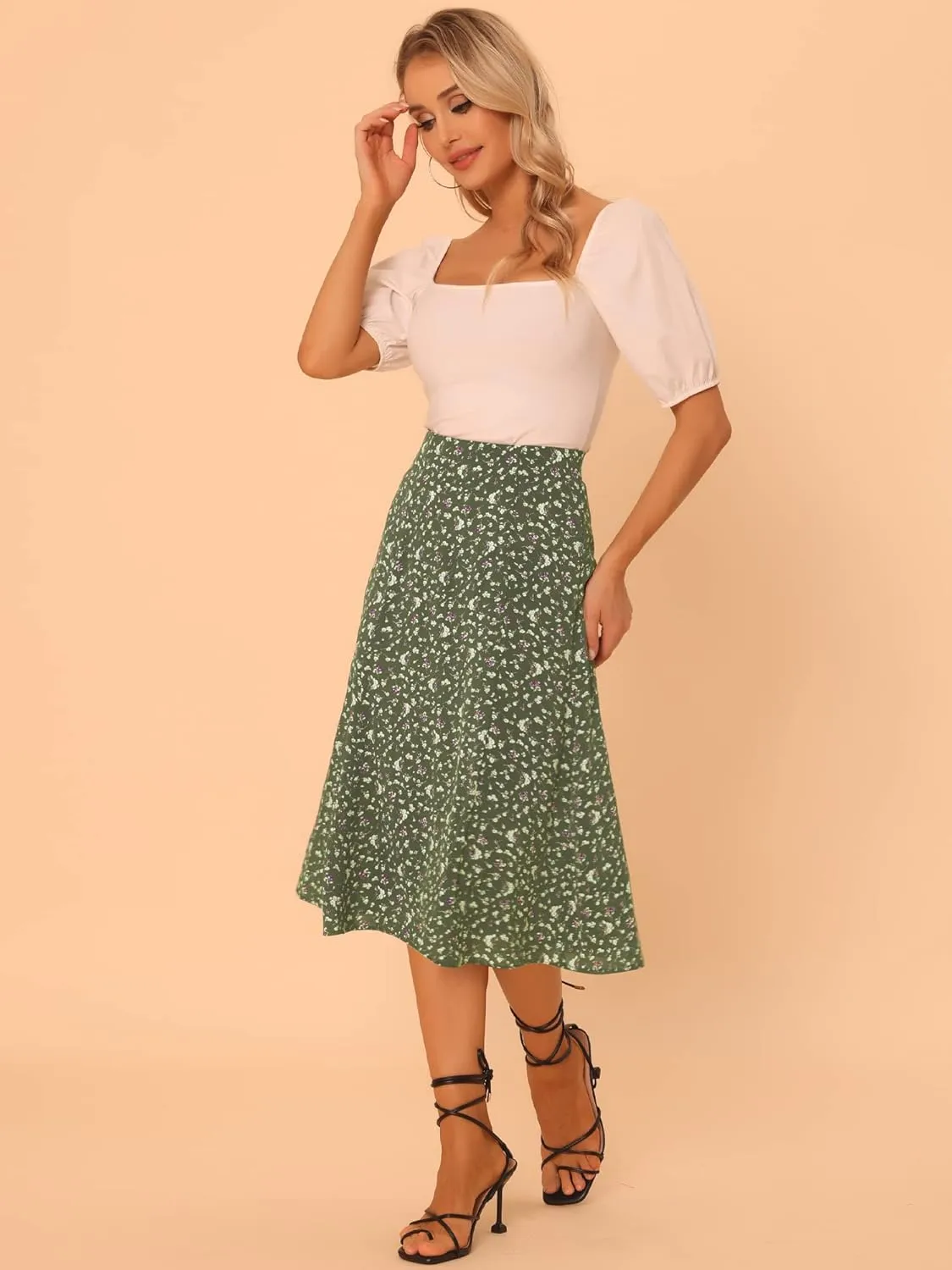 Allegra K Women's Floral Midi Skirt Peasant Elastic Waist A-Line Ditsy Leave Print Skirts