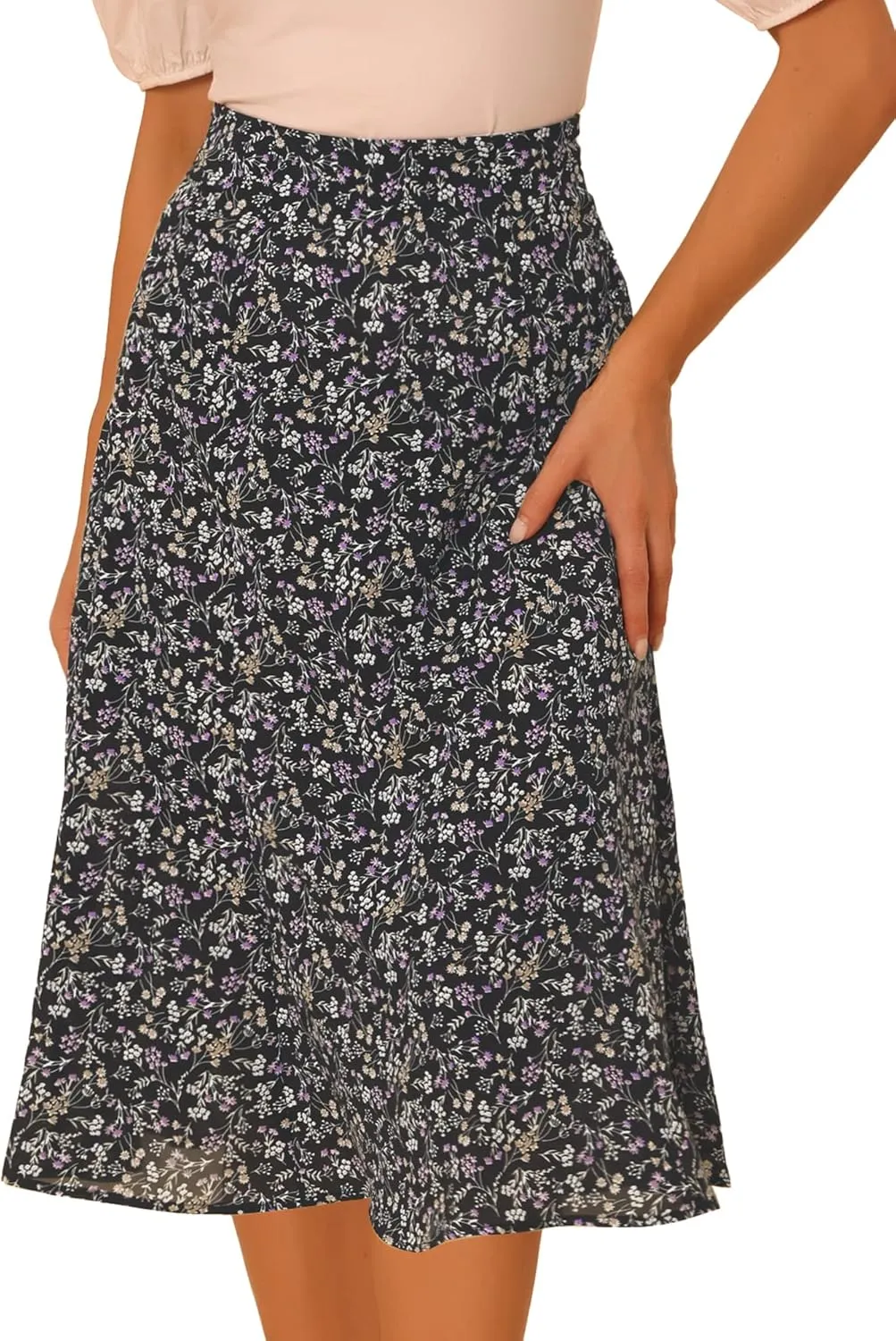 Allegra K Women's Floral Midi Skirt Peasant Elastic Waist A-Line Ditsy Leave Print Skirts