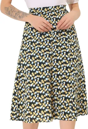 Allegra K Women's Floral Midi Skirt Peasant Elastic Waist A-Line Ditsy Leave Print Skirts