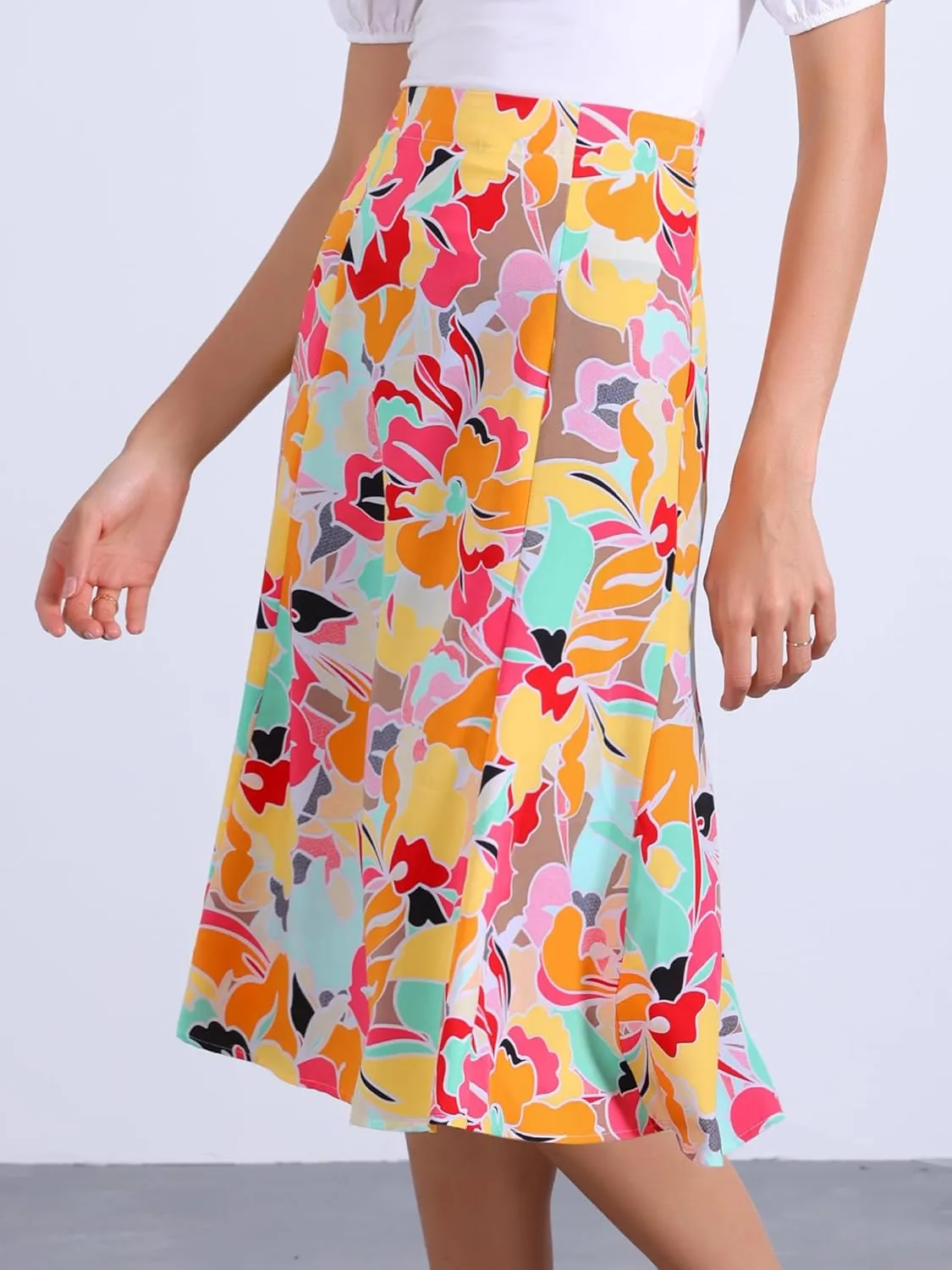 Allegra K Women's Floral Midi Skirt Peasant Elastic Waist A-Line Ditsy Leave Print Skirts
