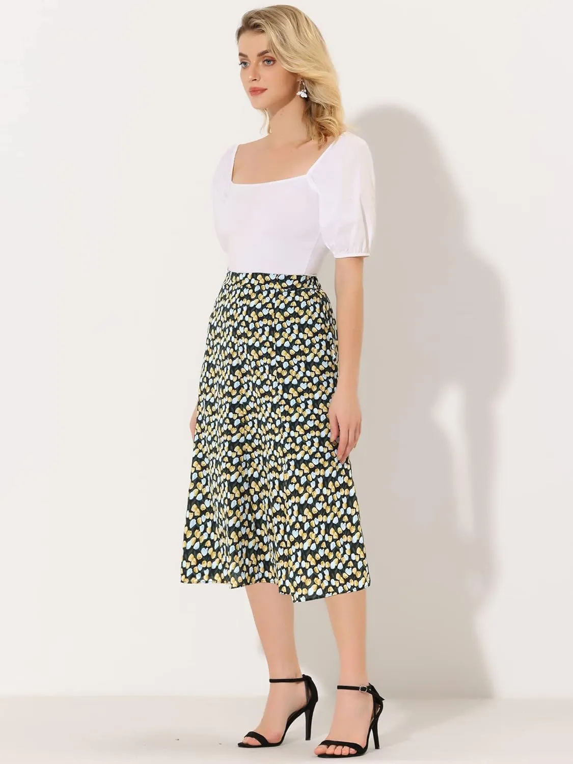 Allegra K Women's Floral Midi Skirt Peasant Elastic Waist A-Line Ditsy Leave Print Skirts