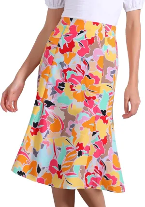 Allegra K Women's Floral Midi Skirt Peasant Elastic Waist A-Line Ditsy Leave Print Skirts