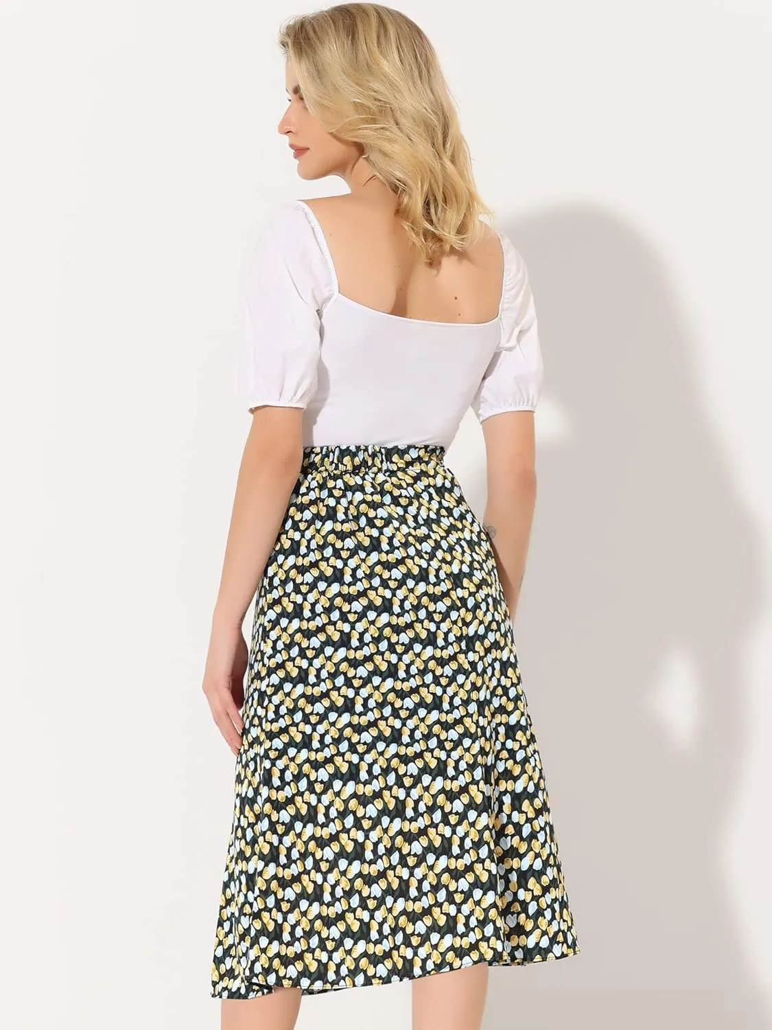 Allegra K Women's Floral Midi Skirt Peasant Elastic Waist A-Line Ditsy Leave Print Skirts