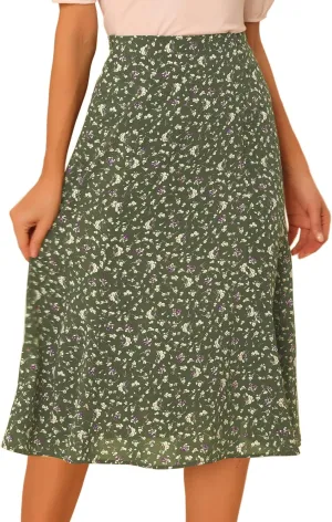 Allegra K Women's Floral Midi Skirt Peasant Elastic Waist A-Line Ditsy Leave Print Skirts