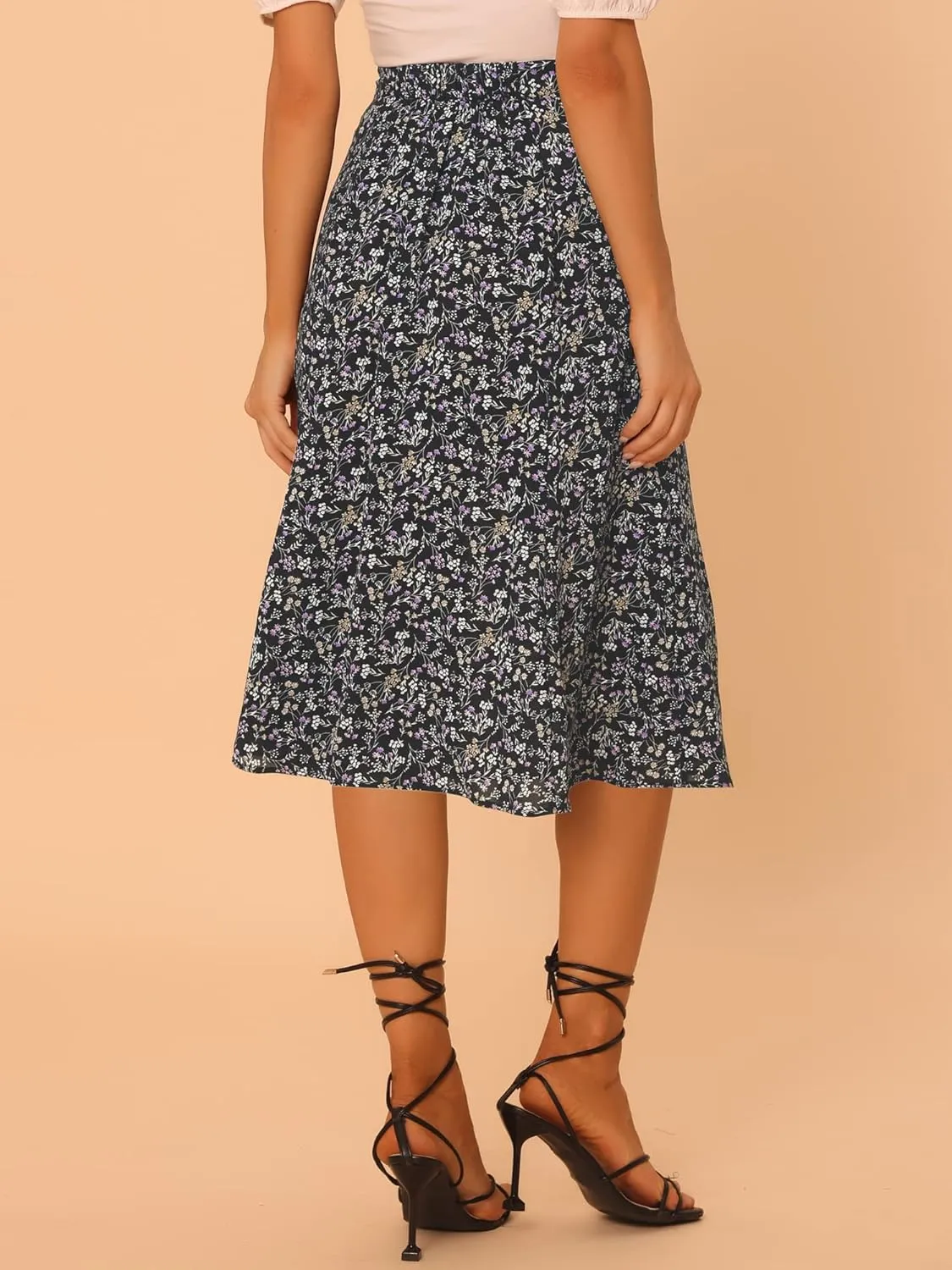Allegra K Women's Floral Midi Skirt Peasant Elastic Waist A-Line Ditsy Leave Print Skirts