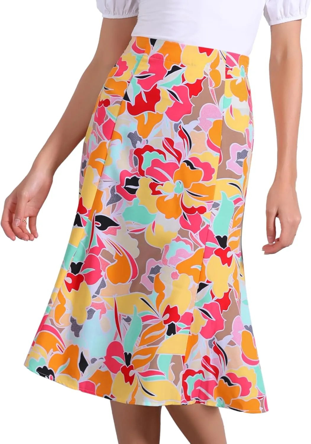 Allegra K Women's Floral Midi Skirt Peasant Elastic Waist A-Line Ditsy Leave Print Skirts