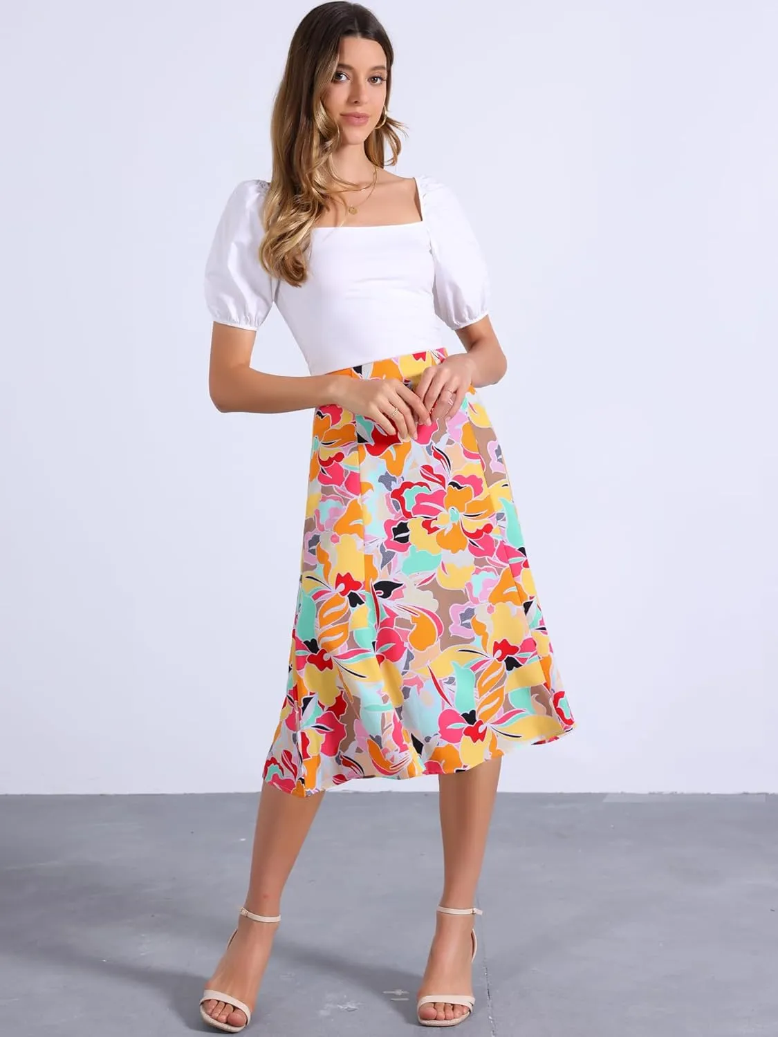 Allegra K Women's Floral Midi Skirt Peasant Elastic Waist A-Line Ditsy Leave Print Skirts