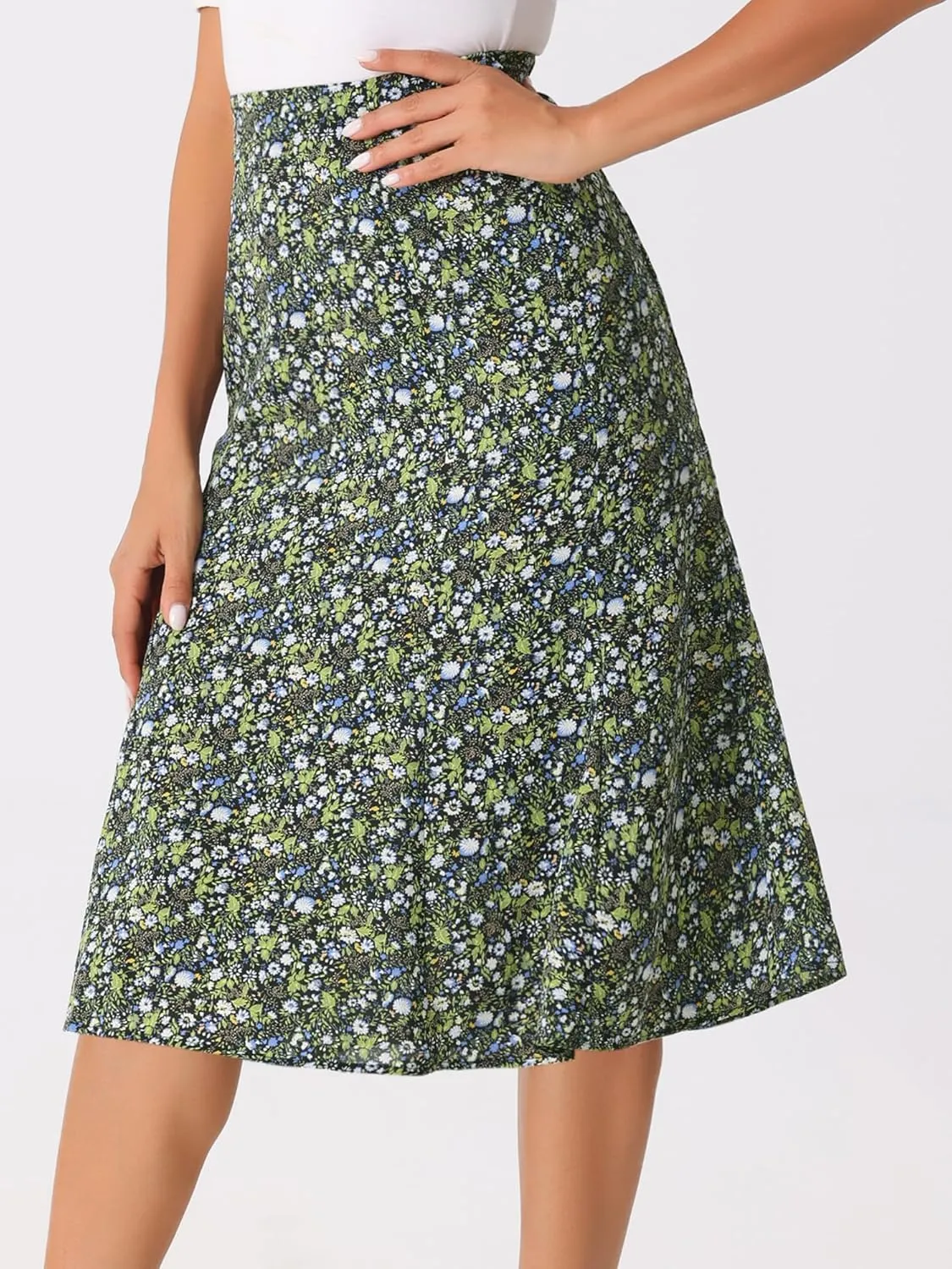 Allegra K Women's Floral Midi Skirt Peasant Elastic Waist A-Line Ditsy Leave Print Skirts