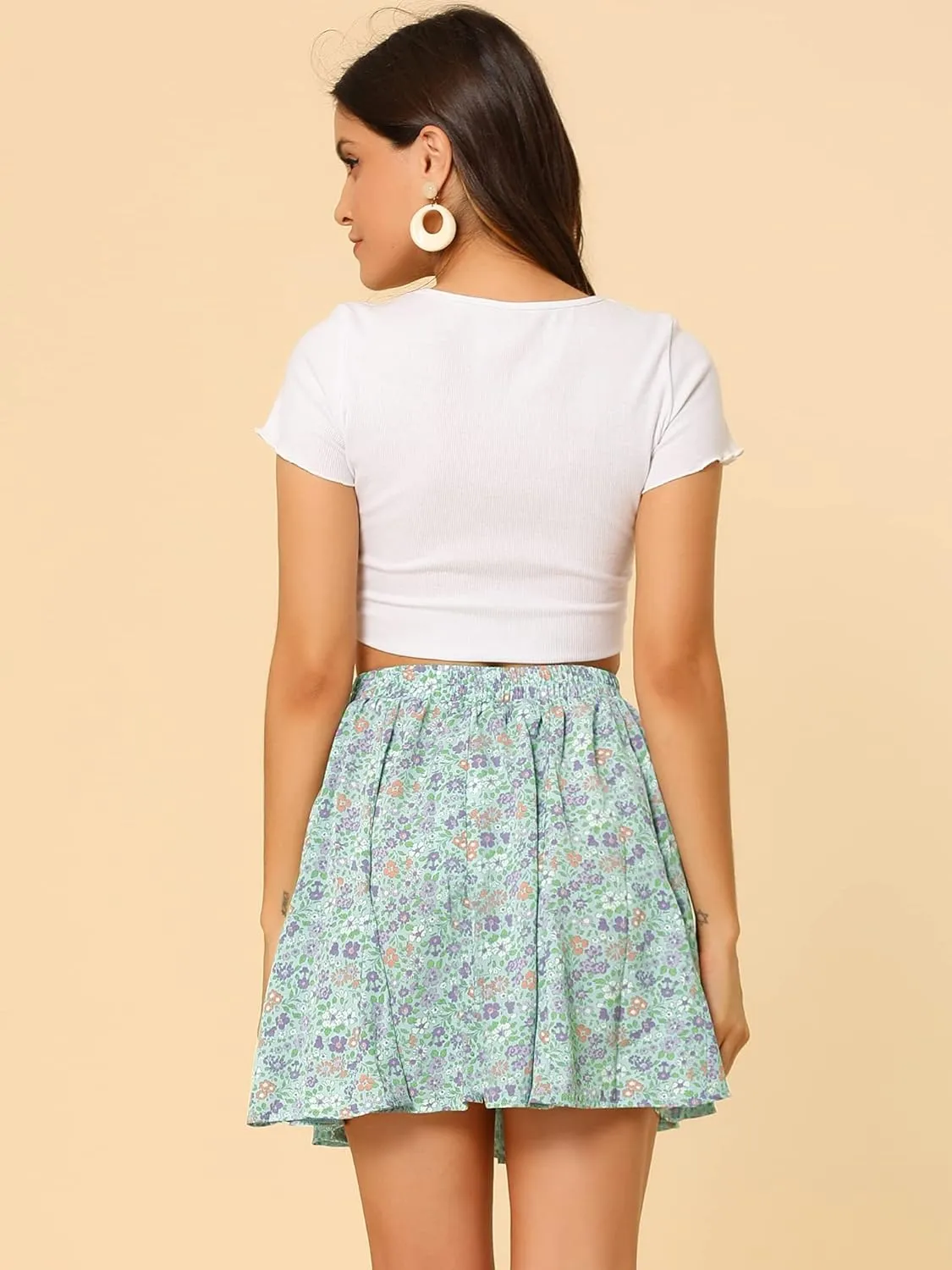 Allegra K Women's Floral Pleated Skirt Ruffle High Waist Summer Mini Skirt
