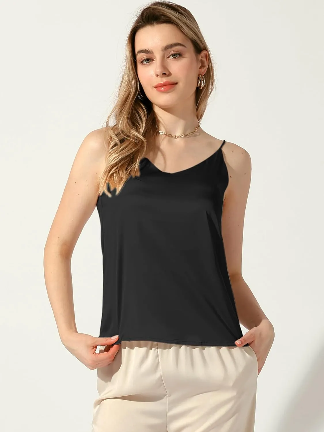 Allegra K Women's Silk Satin Tank Tops V Neck Camisole Spaghetti Strap Top Summer Caimi Blouse