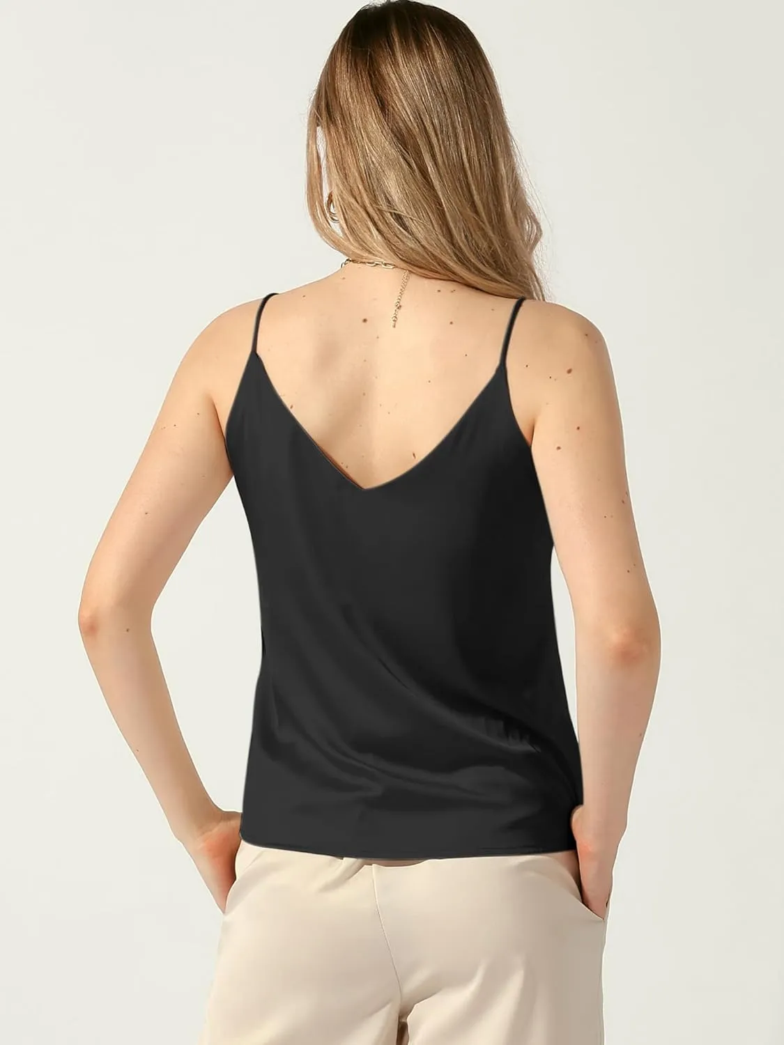 Allegra K Women's Silk Satin Tank Tops V Neck Camisole Spaghetti Strap Top Summer Caimi Blouse