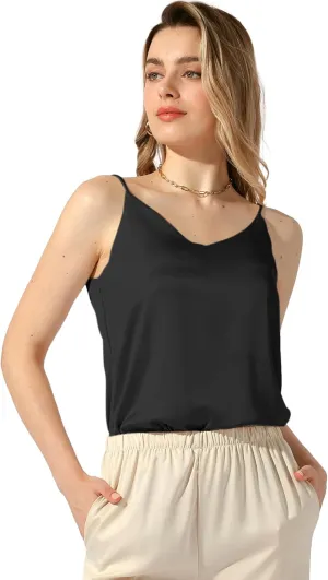 Allegra K Women's Silk Satin Tank Tops V Neck Camisole Spaghetti Strap Top Summer Caimi Blouse