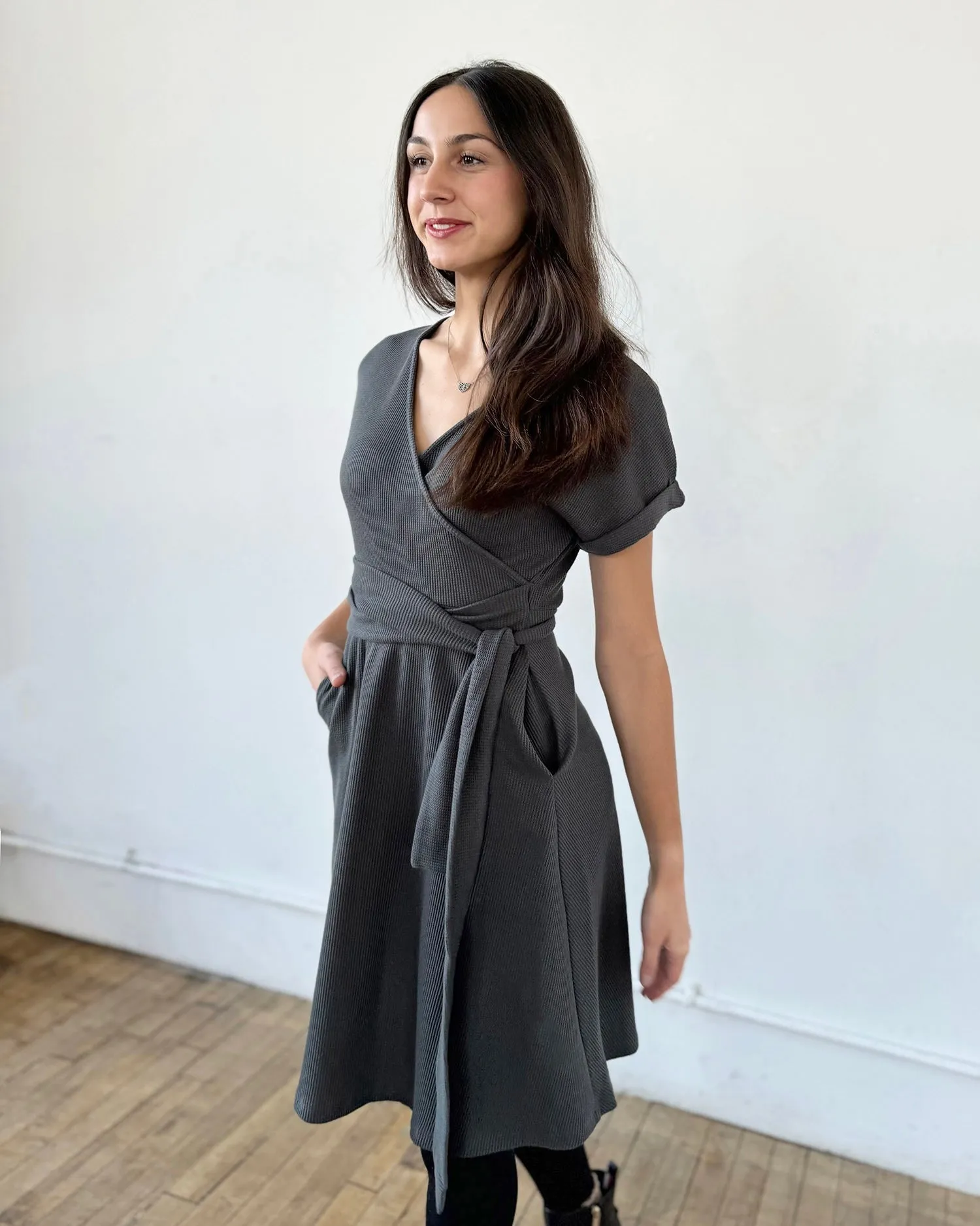 ALOE waffle knit dress in Charcoal Blue