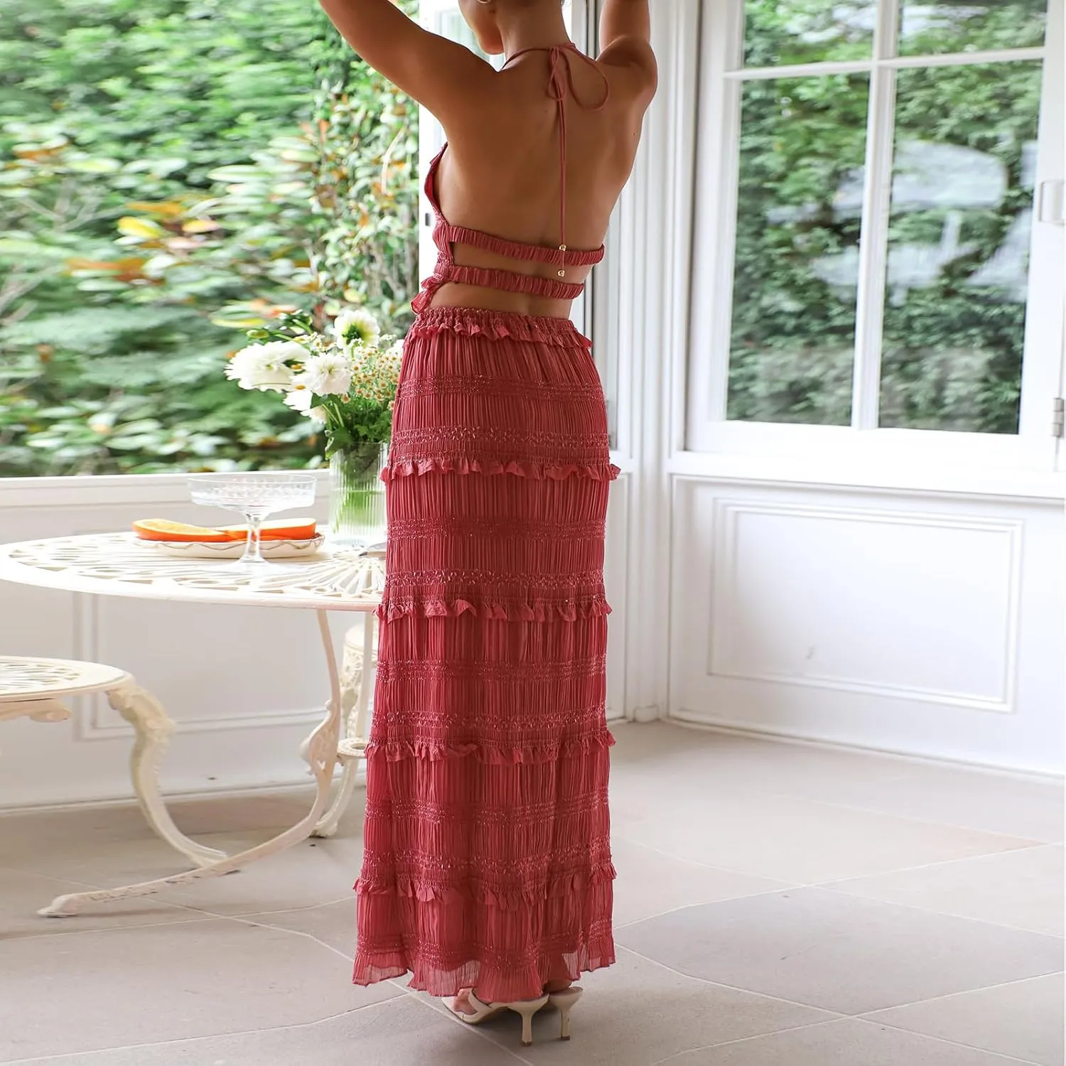 Amiblvowa Women Y2k 2 Piece Maxi Skirt Set Backless Smocked Lace Halter Crop Top Tiered Flowy Long Skirt Beach Clubwear