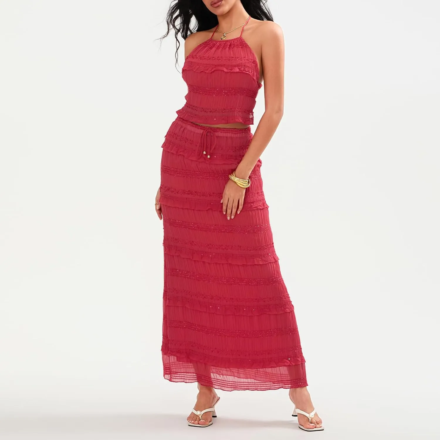 Amiblvowa Women Y2k 2 Piece Maxi Skirt Set Backless Smocked Lace Halter Crop Top Tiered Flowy Long Skirt Beach Clubwear