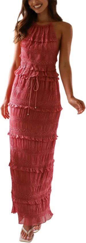 Amiblvowa Women Y2k 2 Piece Maxi Skirt Set Backless Smocked Lace Halter Crop Top Tiered Flowy Long Skirt Beach Clubwear