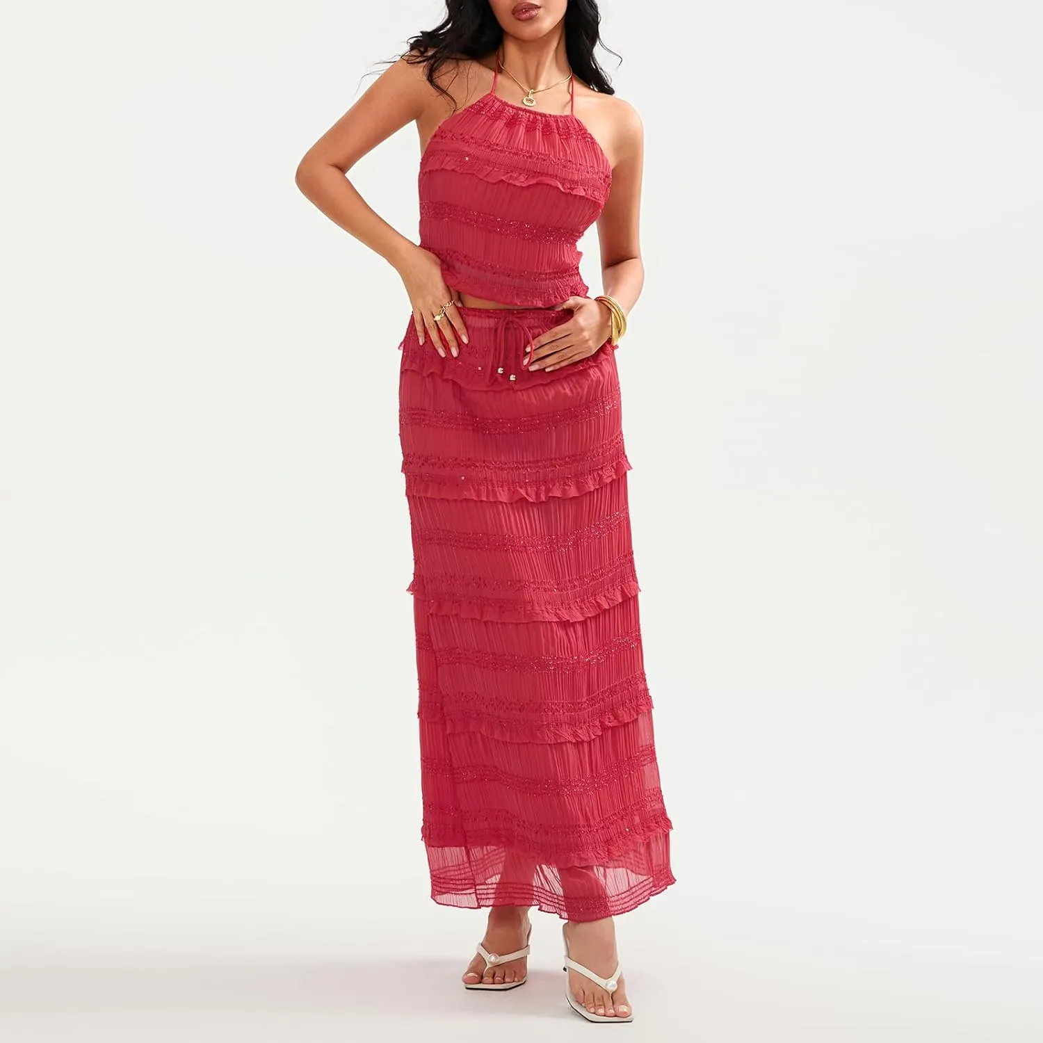 Amiblvowa Women Y2k 2 Piece Maxi Skirt Set Backless Smocked Lace Halter Crop Top Tiered Flowy Long Skirt Beach Clubwear