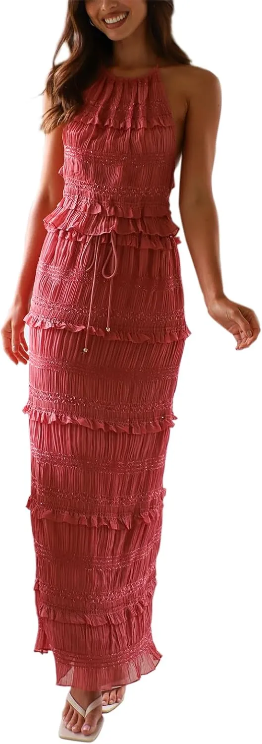 Amiblvowa Women Y2k 2 Piece Maxi Skirt Set Backless Smocked Lace Halter Crop Top Tiered Flowy Long Skirt Beach Clubwear