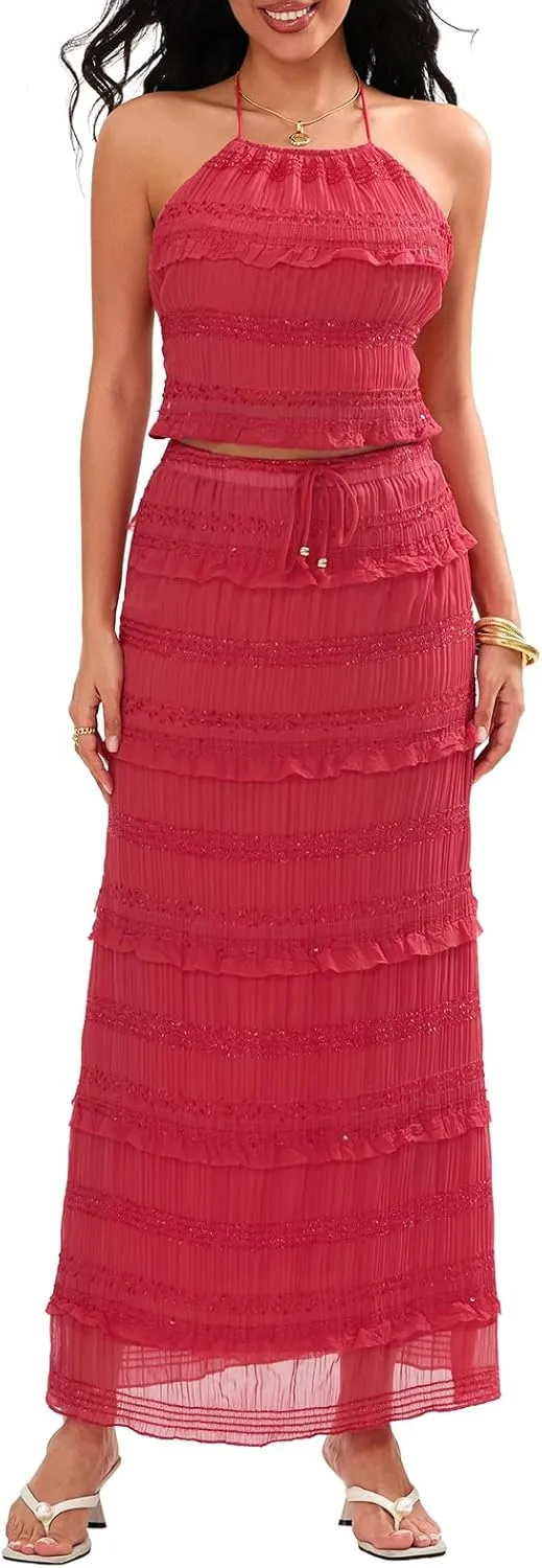 Amiblvowa Women Y2k 2 Piece Maxi Skirt Set Backless Smocked Lace Halter Crop Top Tiered Flowy Long Skirt Beach Clubwear