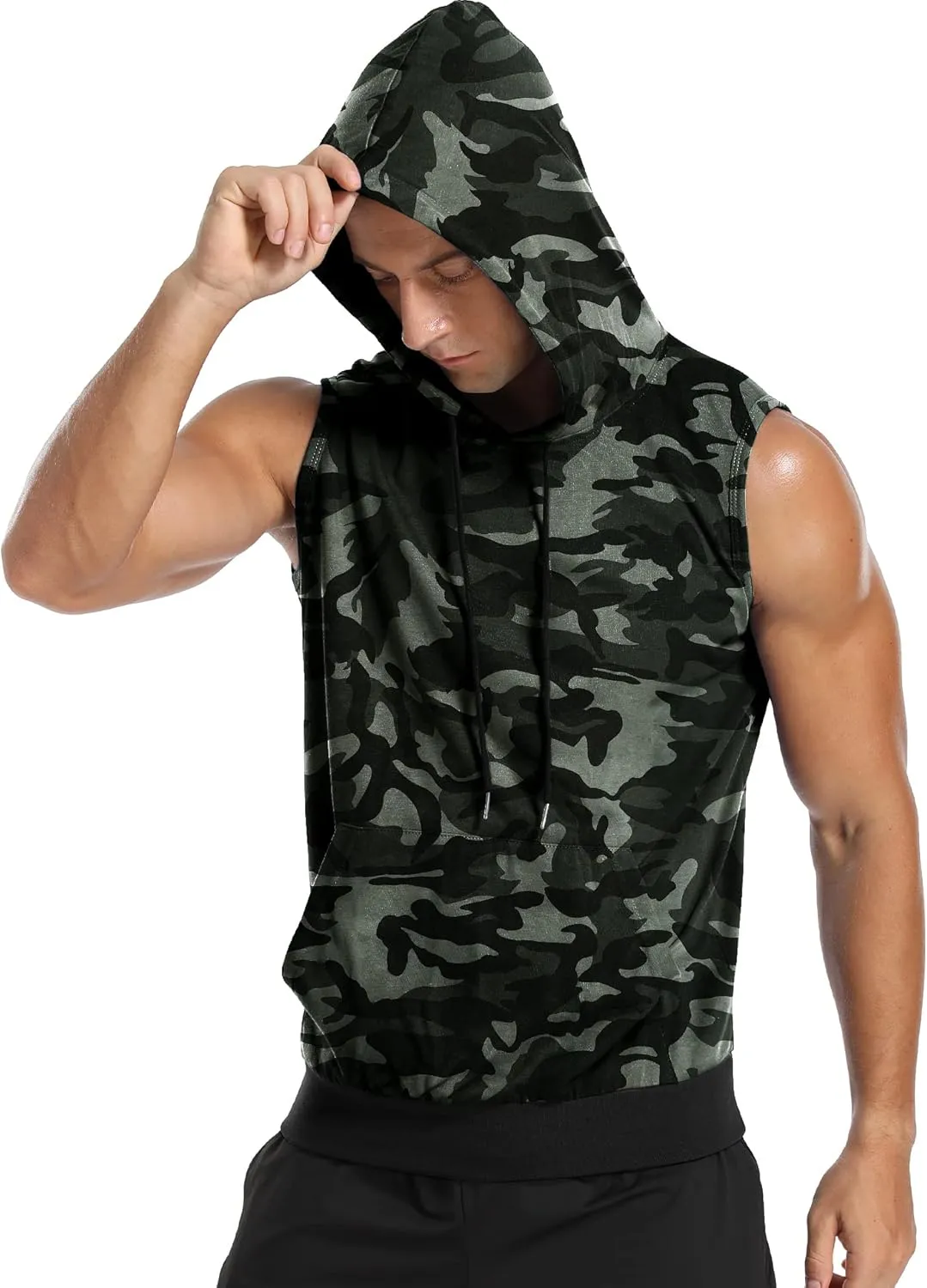 Amussiar Men's Workout Hooded Tank Tops Sleeveless Gym Training Hoodies Bodybuilding Muscle Cut Off T Shirt