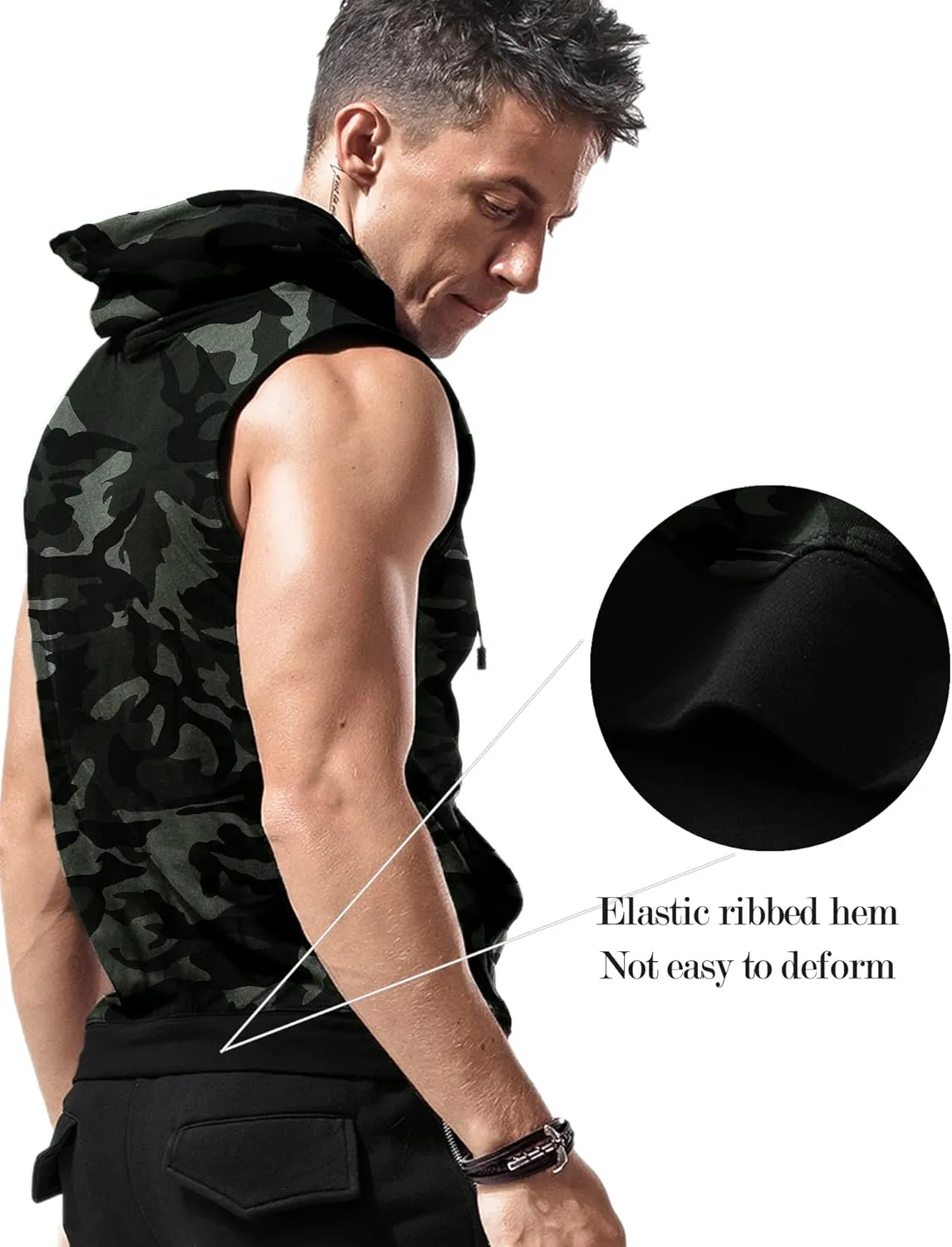 Amussiar Men's Workout Hooded Tank Tops Sleeveless Gym Training Hoodies Bodybuilding Muscle Cut Off T Shirt