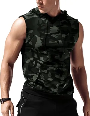 Amussiar Men's Workout Hooded Tank Tops Sleeveless Gym Training Hoodies Bodybuilding Muscle Cut Off T Shirt