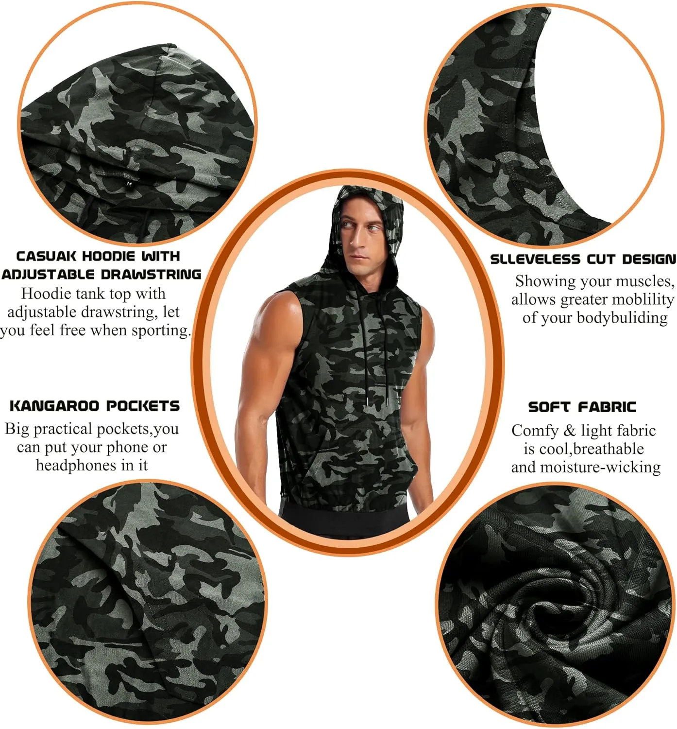 Amussiar Men's Workout Hooded Tank Tops Sleeveless Gym Training Hoodies Bodybuilding Muscle Cut Off T Shirt
