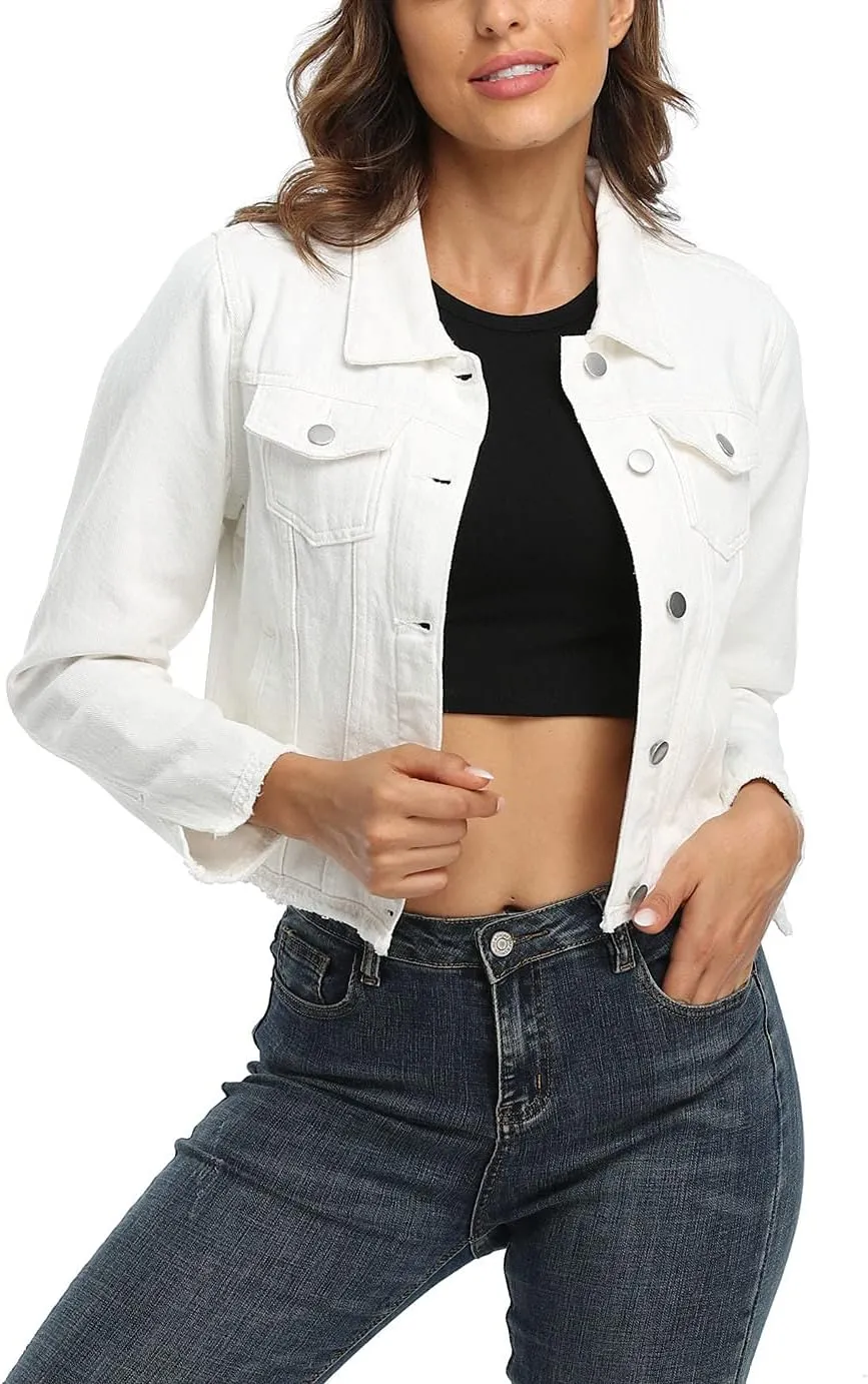 Anienaya Jean Jacket Womens Frayed Washed Button Up Cropped Denim Jacket w 2 Side Pockets