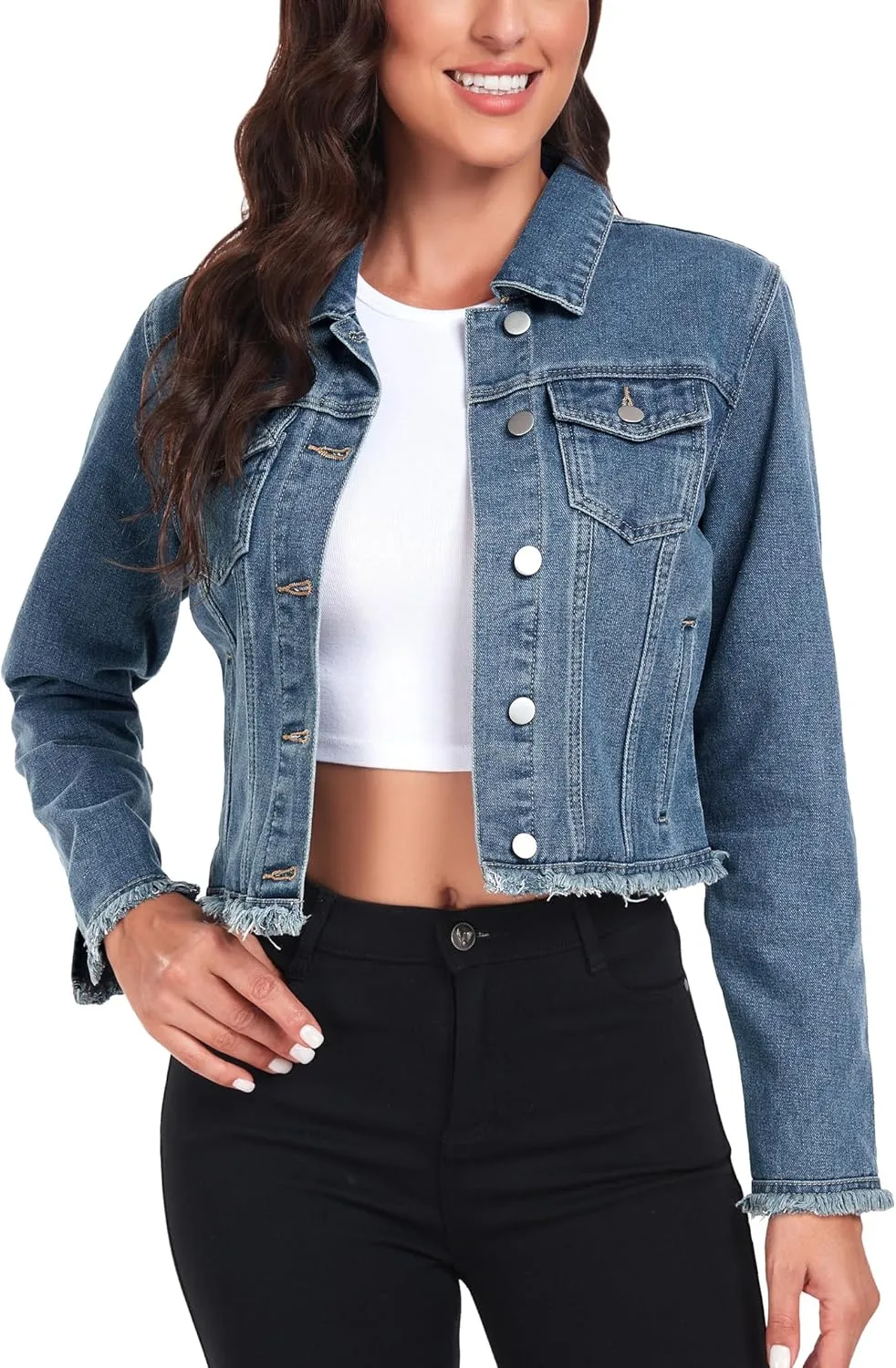 Anienaya Jean Jacket Womens Frayed Washed Button Up Cropped Denim Jacket w 2 Side Pockets