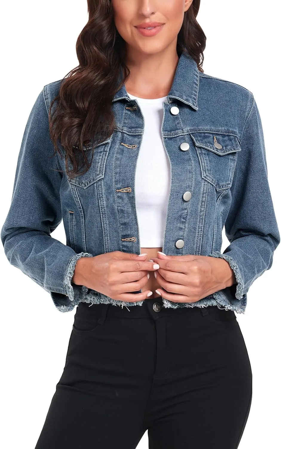 Anienaya Jean Jacket Womens Frayed Washed Button Up Cropped Denim Jacket w 2 Side Pockets