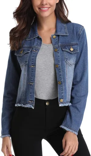 Anienaya Jean Jacket Womens Frayed Washed Button Up Cropped Denim Jacket w 2 Side Pockets