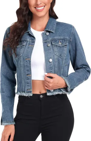 Anienaya Jean Jacket Womens Frayed Washed Button Up Cropped Denim Jacket w 2 Side Pockets