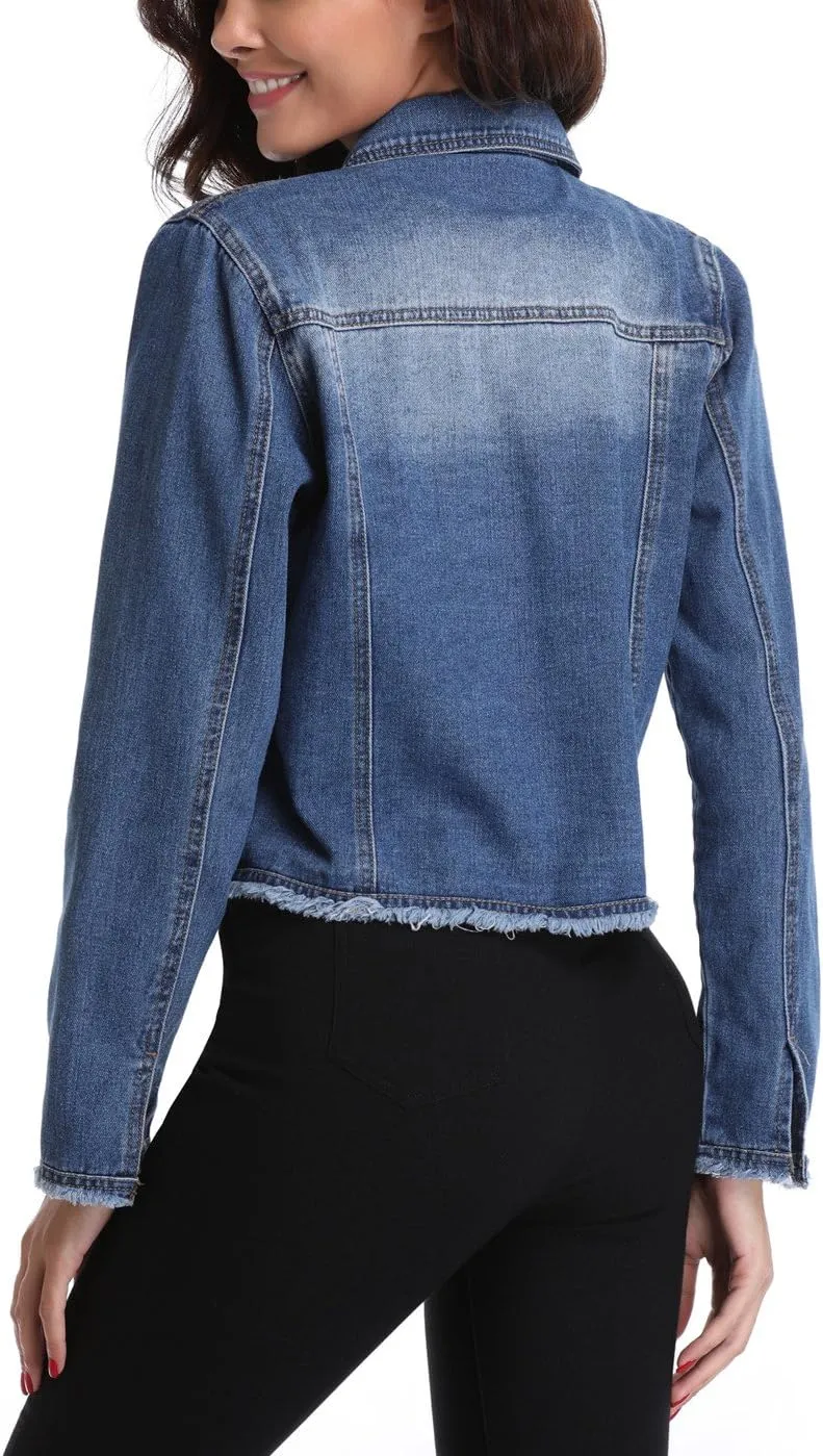 Anienaya Jean Jacket Womens Frayed Washed Button Up Cropped Denim Jacket w 2 Side Pockets