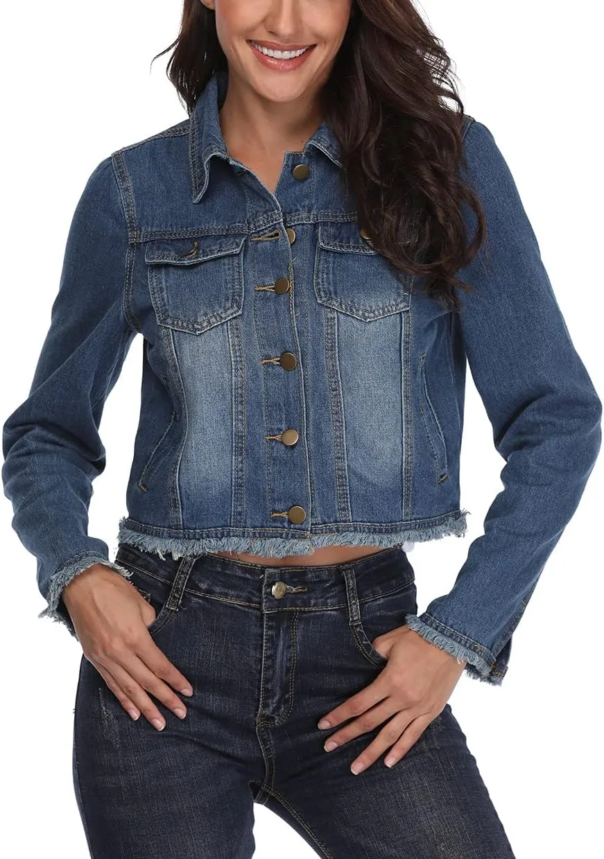 Anienaya Jean Jacket Womens Frayed Washed Button Up Cropped Denim Jacket w 2 Side Pockets