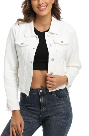 Anienaya Jean Jacket Womens Frayed Washed Button Up Cropped Denim Jacket w 2 Side Pockets