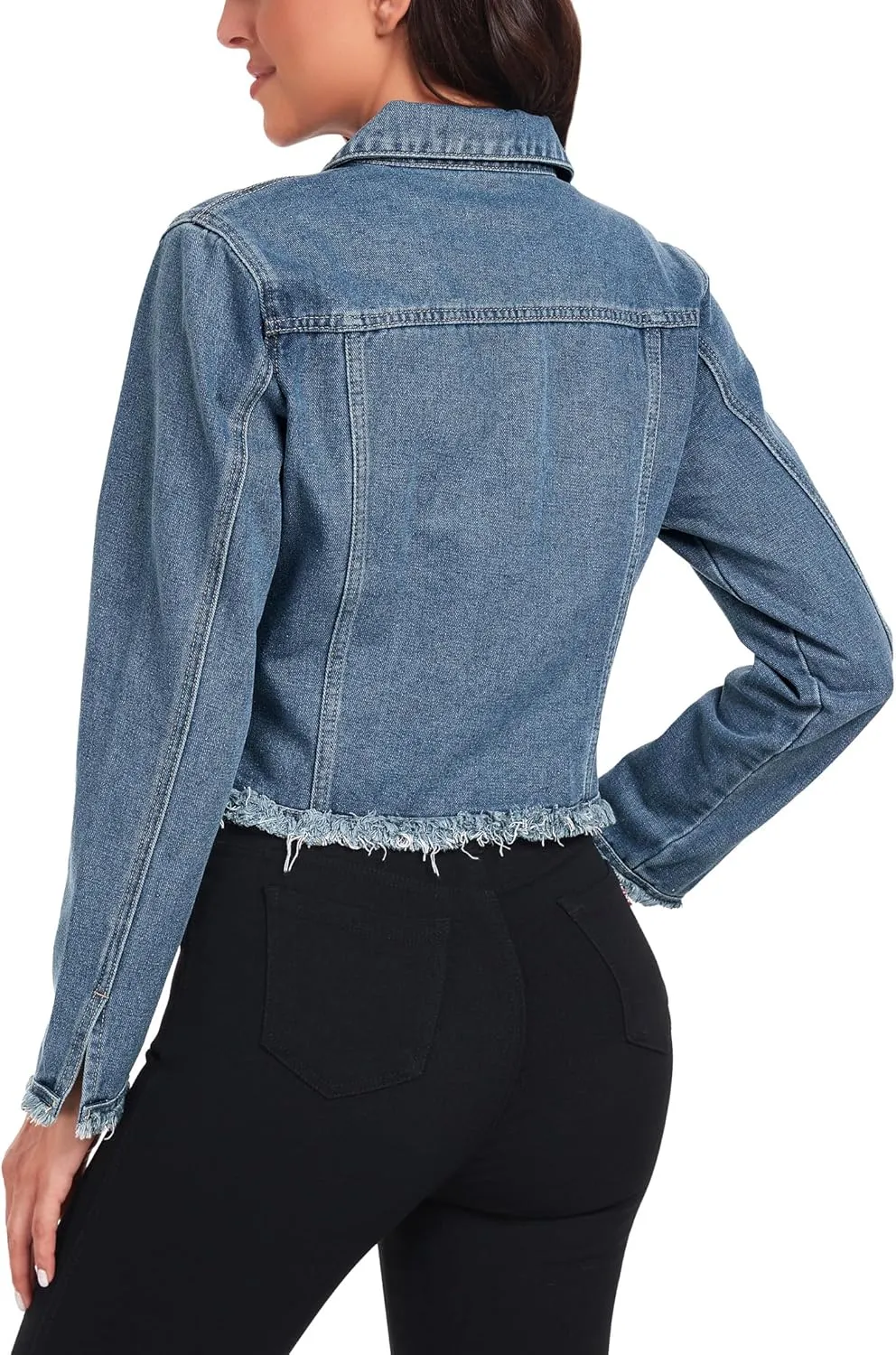 Anienaya Jean Jacket Womens Frayed Washed Button Up Cropped Denim Jacket w 2 Side Pockets