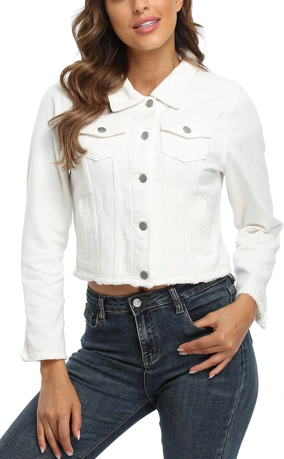 Anienaya Jean Jacket Womens Frayed Washed Button Up Cropped Denim Jacket w 2 Side Pockets