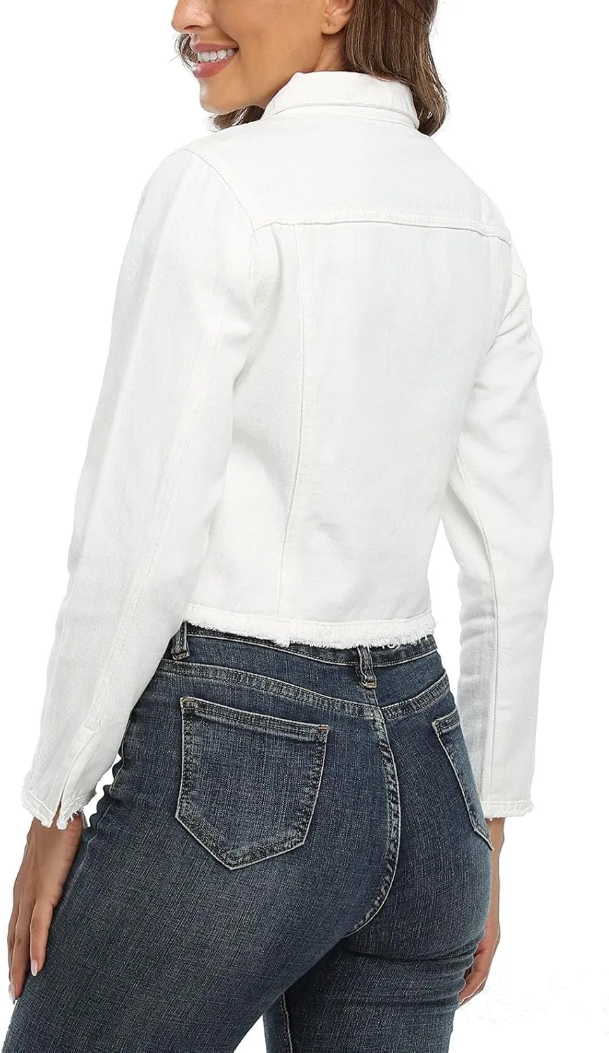 Anienaya Jean Jacket Womens Frayed Washed Button Up Cropped Denim Jacket w 2 Side Pockets