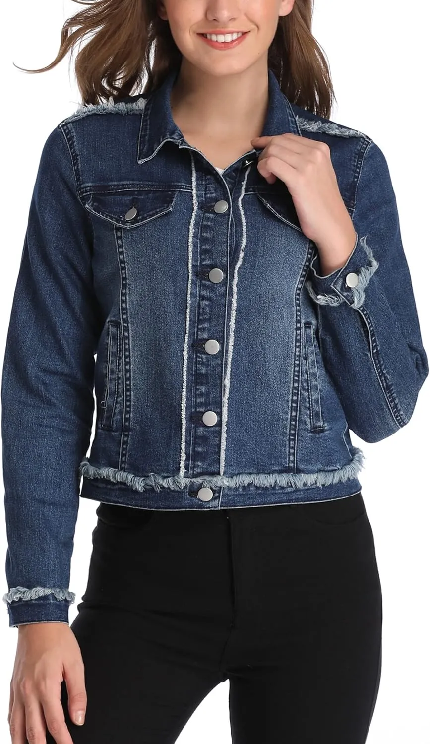Anienaya Womens Jean Jacket Frayed Washed Button Up Cropped Denim Jacket w 2 Side Pockets