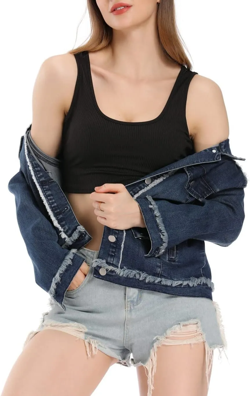 Anienaya Womens Jean Jacket Frayed Washed Button Up Cropped Denim Jacket w 2 Side Pockets