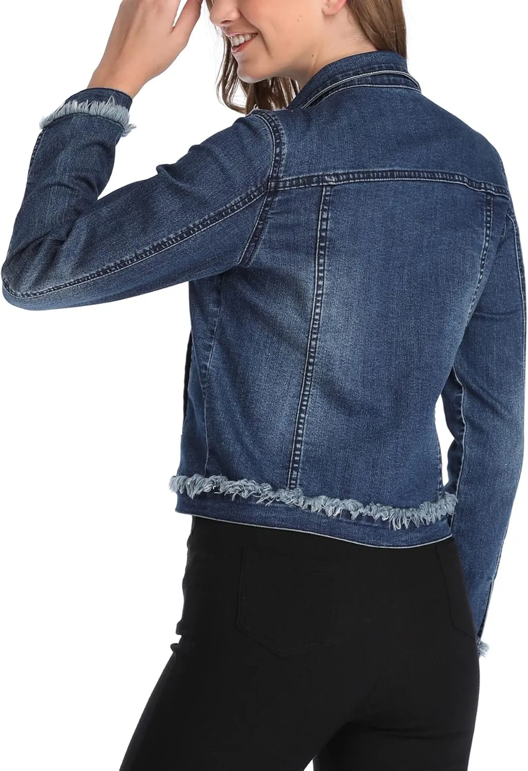 Anienaya Womens Jean Jacket Frayed Washed Button Up Cropped Denim Jacket w 2 Side Pockets