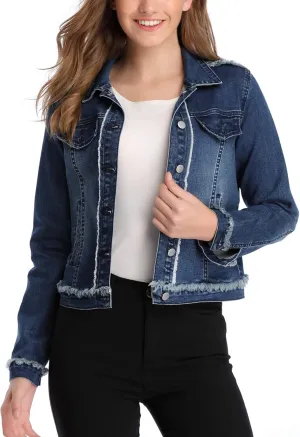 Anienaya Womens Jean Jacket Frayed Washed Button Up Cropped Denim Jacket w 2 Side Pockets