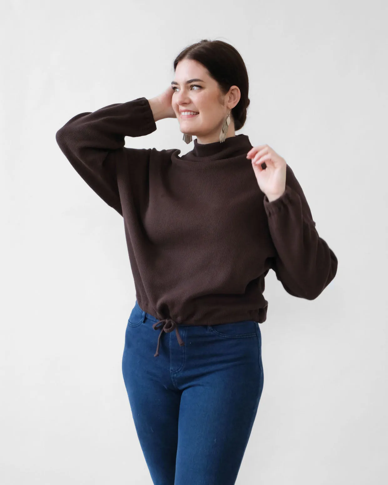 ANNIKA waffle knit top in Dark Oak
