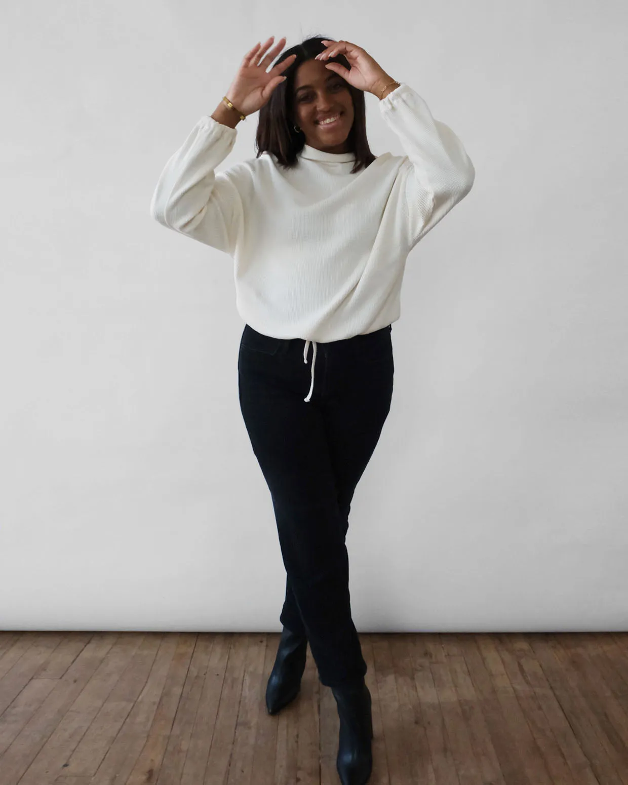 ANNIKA waffle knit top in Warm Ivory