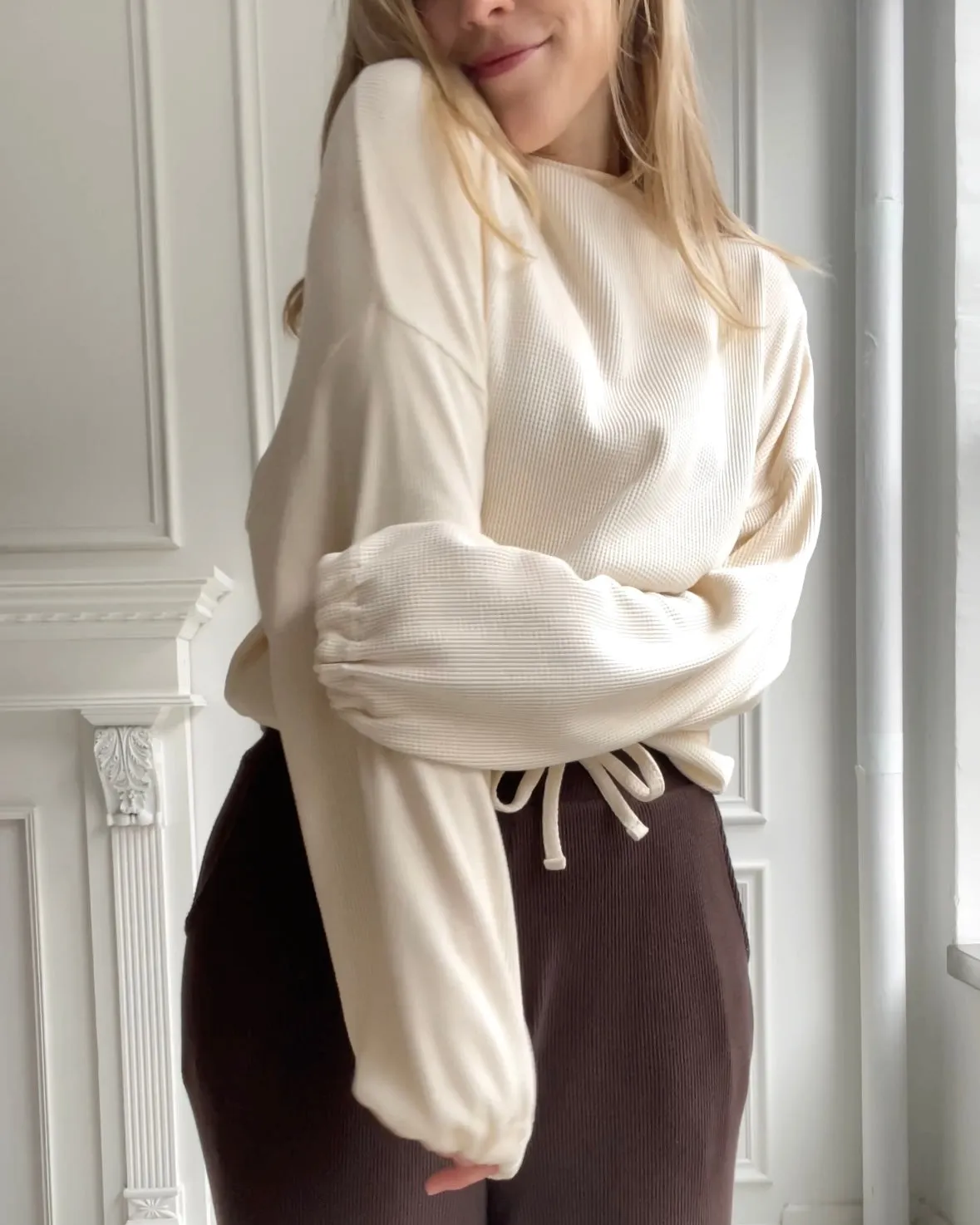 ANNIKA waffle knit top in Warm Ivory