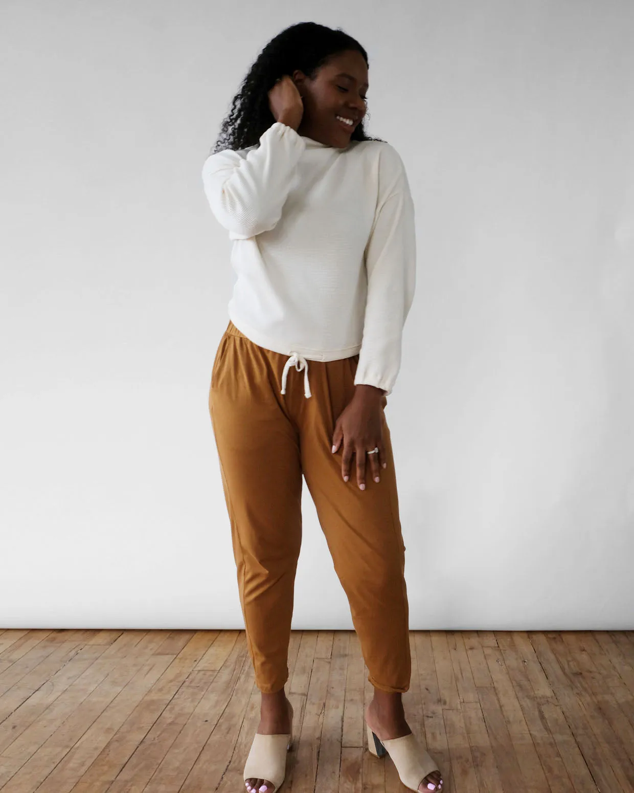 ANNIKA waffle knit top in Warm Ivory