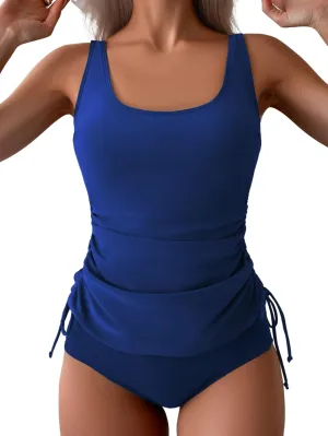 B2prity Tummy Control Tankini Swimsuit for Women Ruched Two Piece Bathing Suit Drawstring Swimwear with Bottom