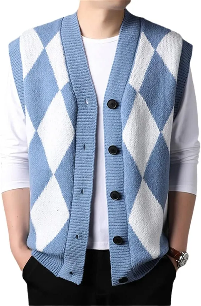 Bciopll Men Buttons Down Sleeveless Argyle Sweater Vest Knit Jacket Plus Size